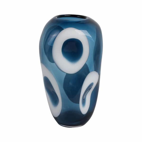 Liv & Skye 14 in. Blue/White Glass Curvy Polka Dot Decorative Vase