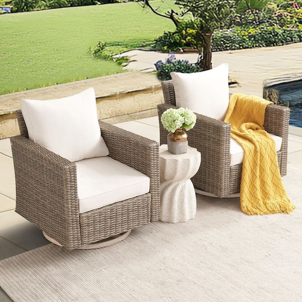 2-Piece Wicker Swivel Outdoor Rocking Chairs with Beige Cushions