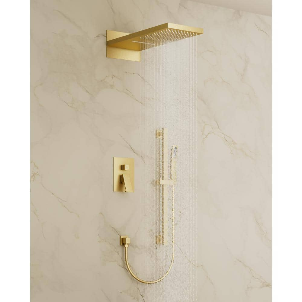 CRANACH 3-Spray 22 in. Rectangle Wall Mount Rainfall and Waterfall Shower System in Brushed Gold(Valve Included)