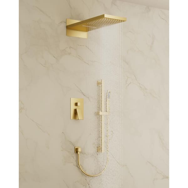 YAWWALK 3-Spray 22 in. Rectangle Wall Mount Rainfall and Waterfall Shower System in Brushed Gold(Valve Included)