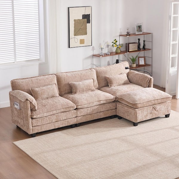 110 in. Modern Oversized Chenille 4-Piece L-Shaped Charge Sectional Sofa With Storage Ottoman And Phone Holder in. Khaki