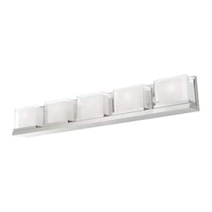 Burkhart 42 in. 5-Light Polished Chrome Vanity Light with Satin Opal White Glass Inside and Clear Glass Outside