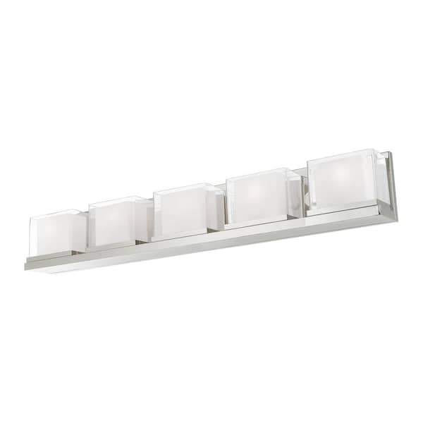 AVIANCE LIGHTING Burkhart 42 in. 5-Light Polished Chrome Vanity Light with Satin Opal White Glass Inside and Clear Glass Outside