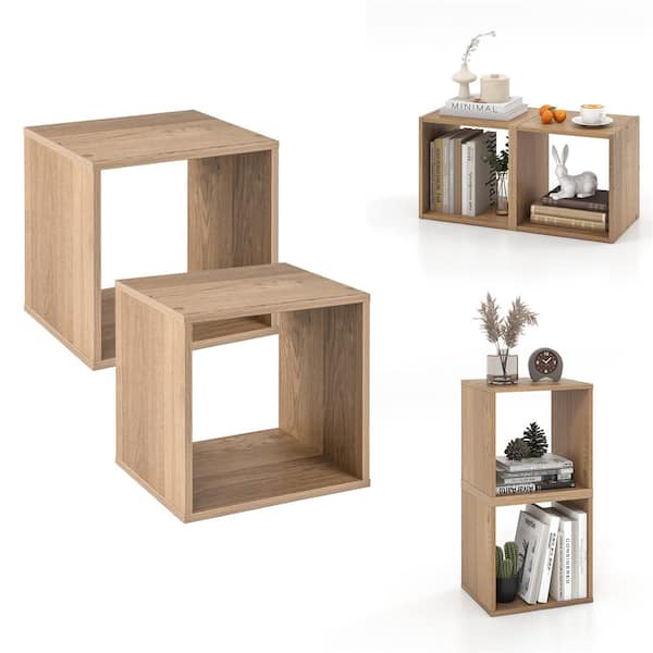 2-Pieces Natural Wood Stackable Storage Cube 2-Tier Narrow Bookshelf Vinyl Record Organizer