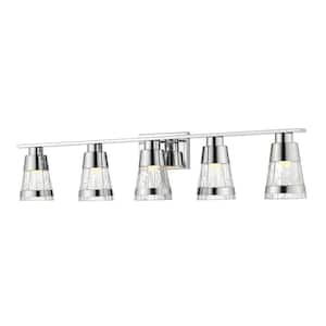 Ethos 40 in. 5-Light Chrome Integrated LED Shaded Vanity Light with Clear Chisel Glass Shade