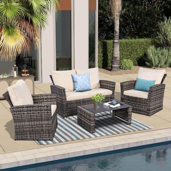 Unbranded Gray 4-Piece Wicker Outdoor Sectional Set with Beige Cushions and Coffee Table
