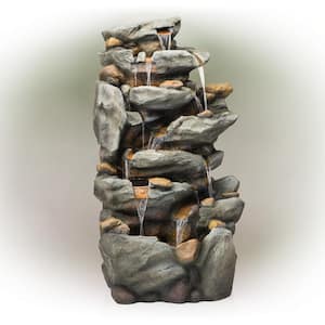 50 in. Tall Outdoor 8-Tier Rock Waterfall Fountain with LED Lights, Grey