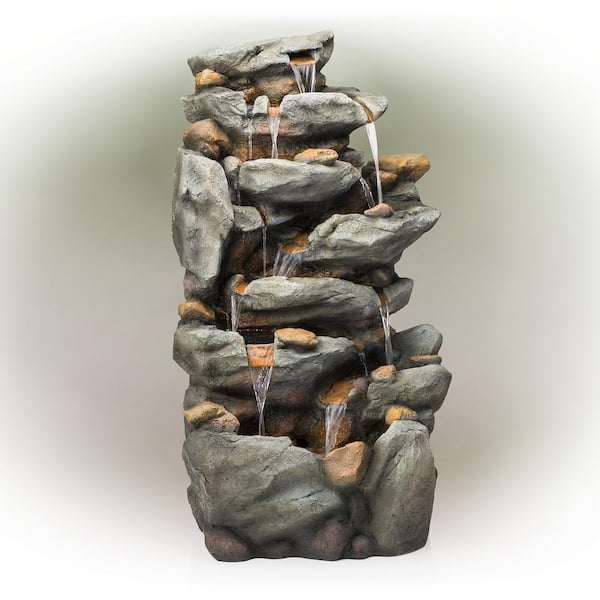 Alpine Corporation 50 in. Tall Outdoor 8-Tier Rock Waterfall Fountain with LED Lights, Grey