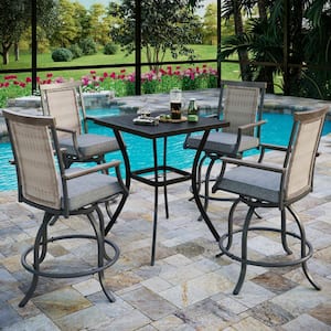5-Piece Metal Square Outdoor Bistro Patio Bar Set with Slat Bar Table and Rattan Bistro Chairs with Gray Cushion
