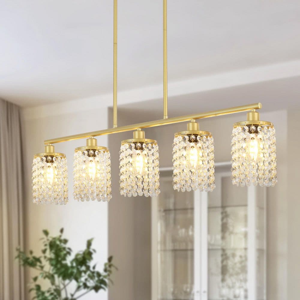 5-Light Gold Farmhouse Rectangular Linear Height Adjustable Chandelier with Crystal Glass Shade for Kitchen Island price history on PriceWatchPro