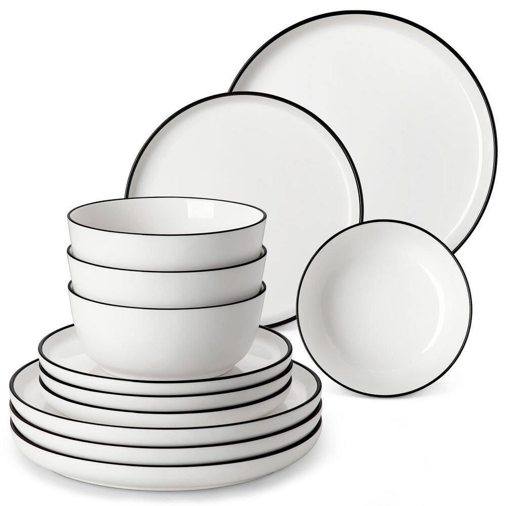 18-Piece White Color Black Rim Porcelain Dinnerware Set Service for 6 Dinner Plates Dessert Plates Cereal Bowls Dishware price history on PriceWatchPro