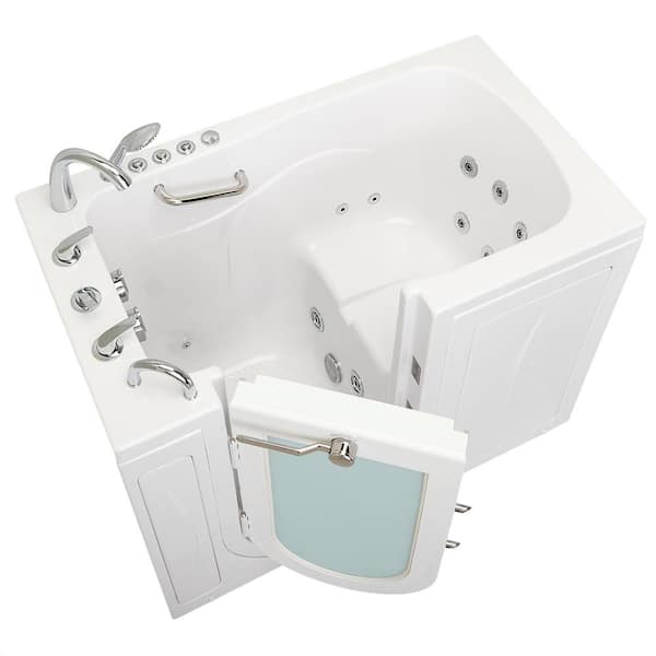 Ella Monaco Acrylic 52 in. Walk-In Whirlpool and MicroBubble Bath in White Fast Fill Roman Faucet Set Left 2 in. Dual Drain