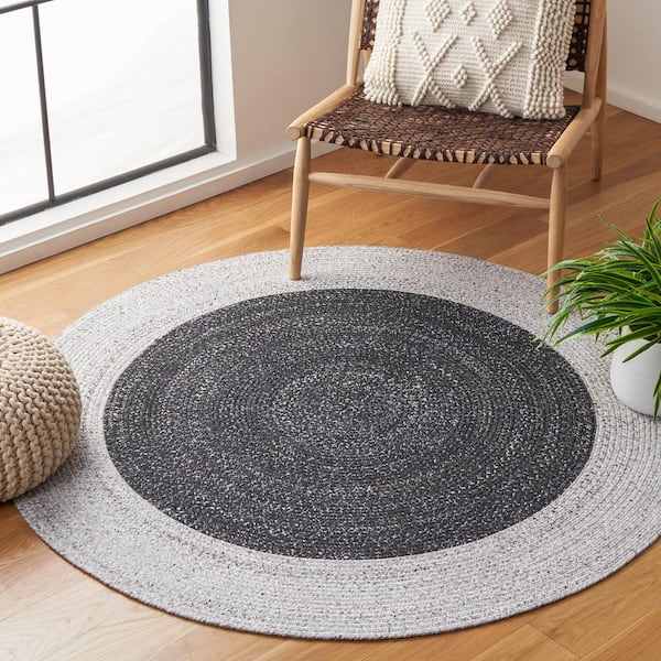Braided Black Light Gray 6 ft. x 6 ft. Abstract Border Round Area Rug