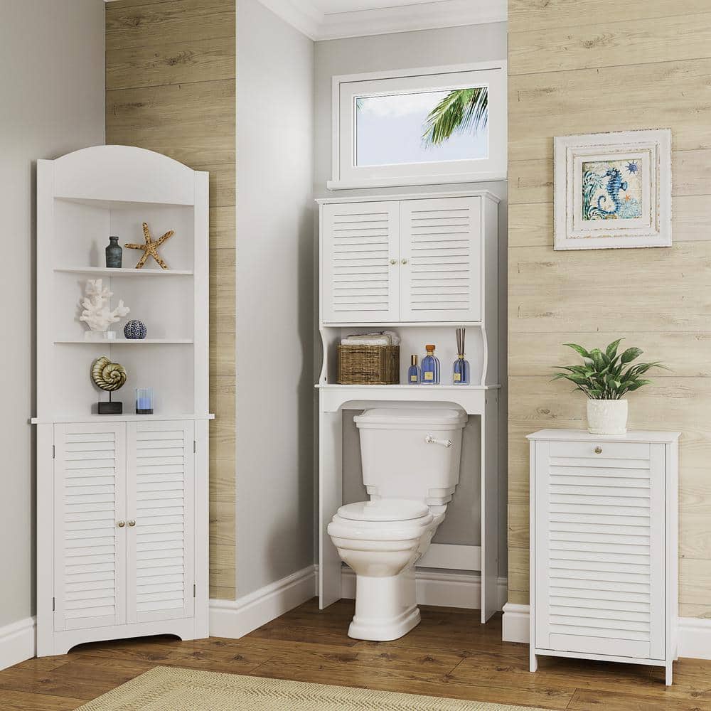White Wood Composite Tilt-Out Laundry Hamper Cabinet with Cloth Bag