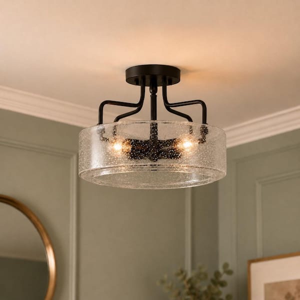 Modern Oil Rubbed Bronze Drum 12 in. 4-Light Semi-Flush Mount Ceiling Light with Seeded Glass Shade