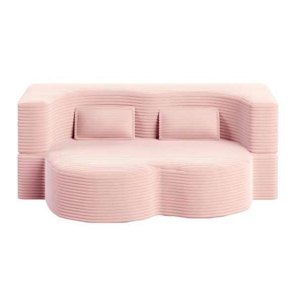 78" Square Arm Corduroy Curved Floor Sofa w/Pillows Foam-Filled Sleeper Sofa Bed 15" Full Folding Mattress in Light Pink