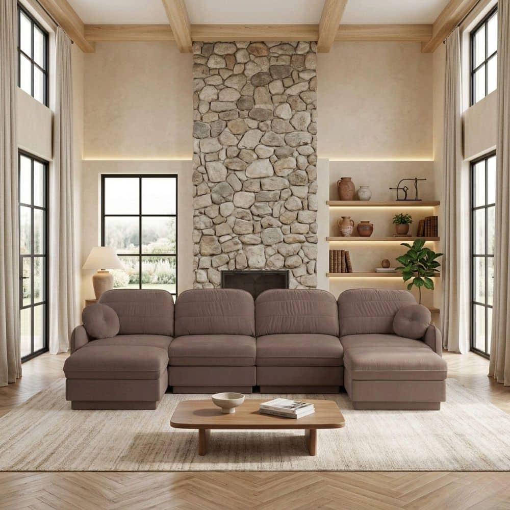 MIRA 137 in. Curved Arm 6-piece Chenille Fabric Modular Sectional Sofa Set with Dual Ottomans in Dusty Rose