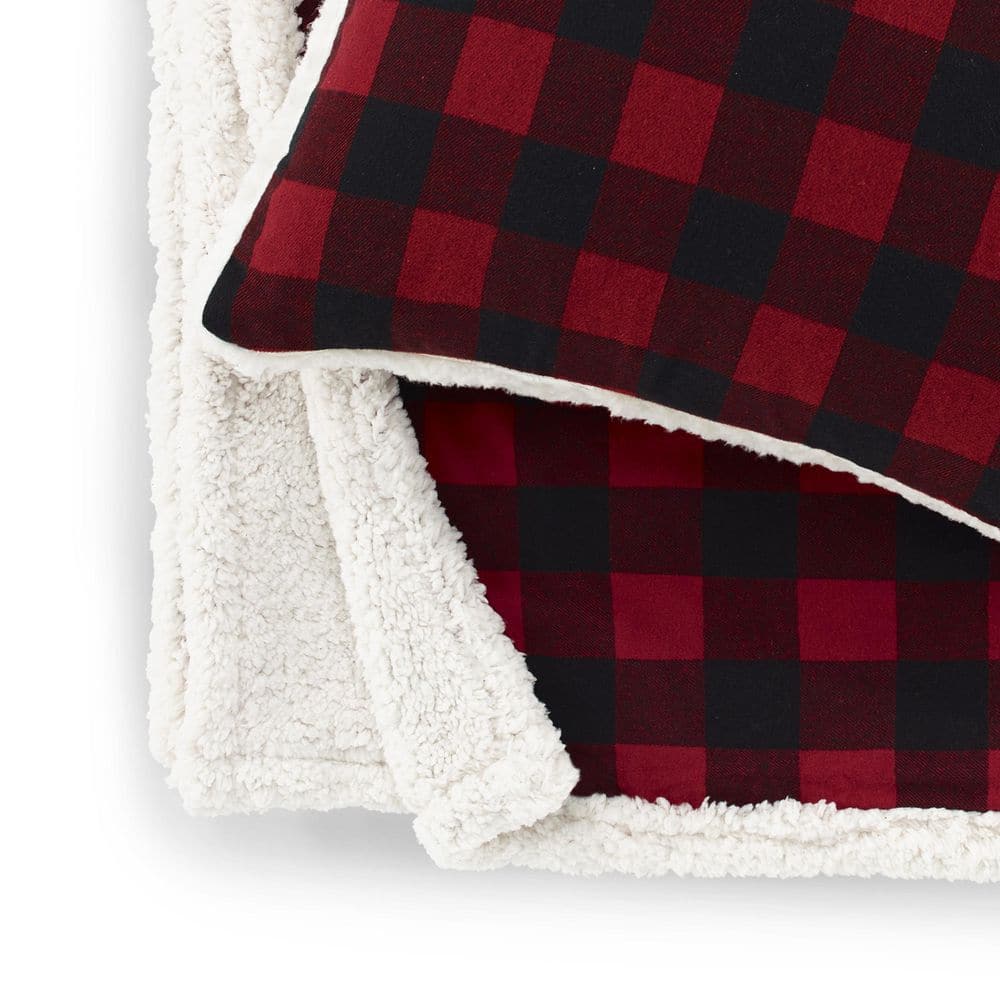 Red Plaid Cotton Sherpa Reversible Throw Blanket and Pillow Set