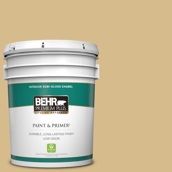 BEHR PREMIUM PLUS 5 gal. #350F-5 Camel Semi-Gloss Enamel Low Odor Interior Paint & Primer