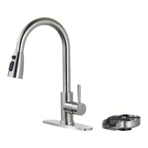 Single Handle Pull Down Sprayer Kitchen Faucet with Deckplate and Glass Rinser in Brushed Nickel