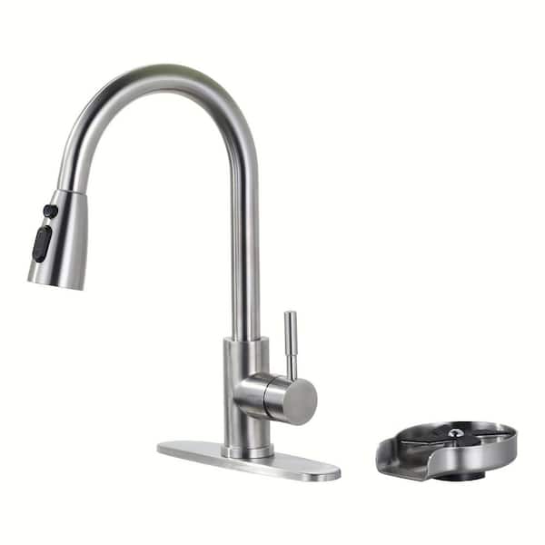 ARCORA Single Handle Pull Down Sprayer Kitchen Faucet with Deckplate and Glass Rinser in Brushed Nickel