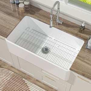 33 in. Farmhouse Sink Undermount Apron Front Single Bowl Glossy White Fireclay Kitchen Sink w/ Bottom Grid and Strainer