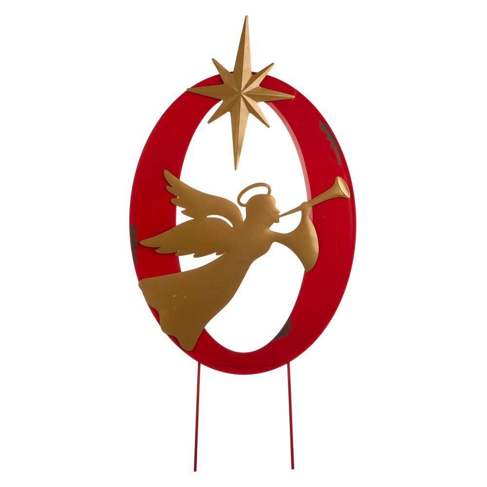 Festive Red and Gold Metal JOY Yard Stake with Angel