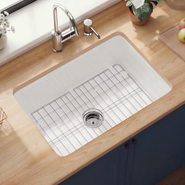 27 in. Fireclay Kitchen Sink Drop-in/Undermount Dual Mount White Single Bowl Kitchen Sinks with Sink Grid and Strainer