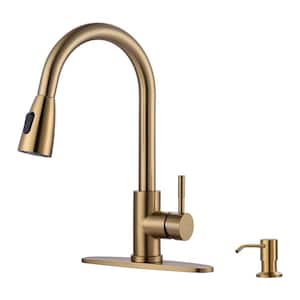Single Handle Pull Out Sprayer Kitchen Faucet Deckplate Included with Soap Dispenser in Brushed Gold