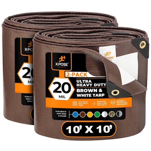 Heavy-Duty Brown White Poly Tarp 10 ft. x 10 ft. Multi-Purpose Protective Cover Durable Extra Thick 20 Mil - 2 Pack