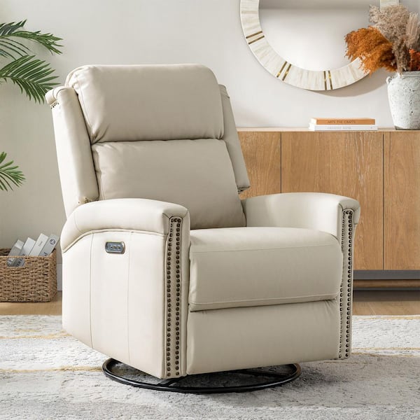 Leone Beige Genuine Leather Power Recliner with Adjustable Headrest