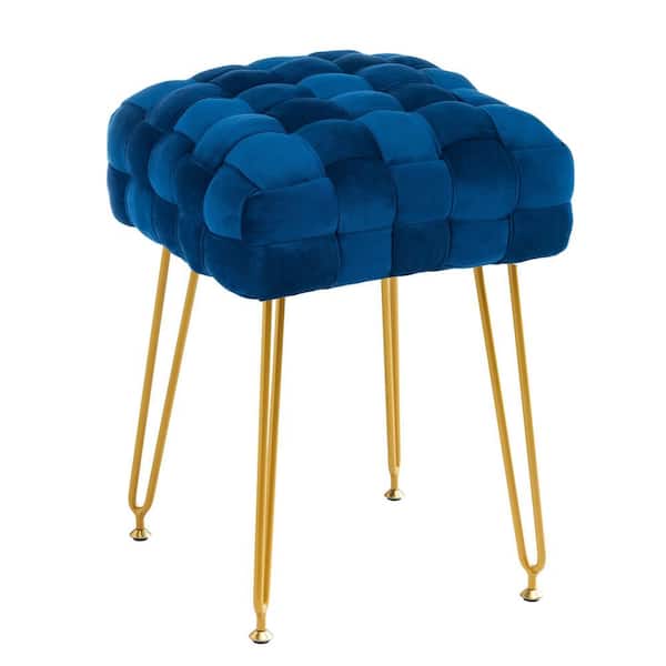 LUE BONA 18.5 in. Royal Blue Gold Metal Legs Velvet Vanity Stool Rectangle Ottoman Foot Stool Upholstered Make-Up Bench
