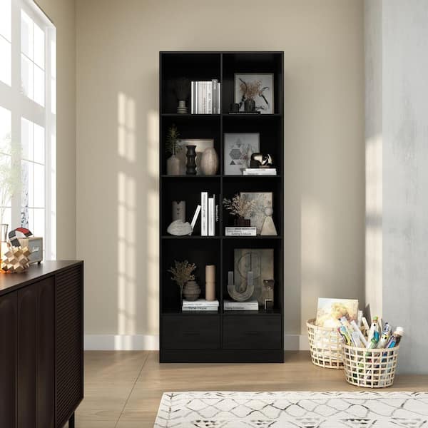 FUFU&GAGA Black 78.7 in. H Wooden Storage Cabinet, Accent Standard Bookcase with 8-Shelf & 2-Drawers for Living Room Stroage