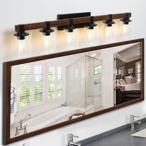 Farmhouse 42.3 in. 6-Light Walnut and Black Bathroom Vanity 1-Light with Glass Shade