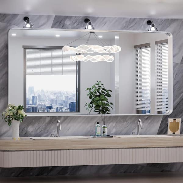 HOMEIBRO 60 in. W x 30 in. H Tempered Glass Rounded Rectangle Framed Wall-Mounted Bathroom Vanity Mirror in Silver