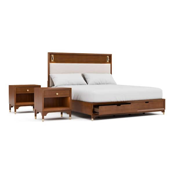 Forma 3-Piece Mid Century Walnut Wood Queen Storage Platform Bedroom Set with 2 Nightstands