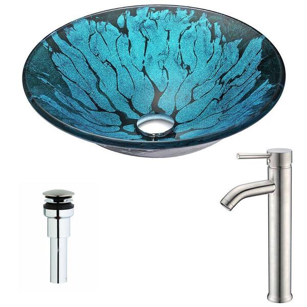 ANZZI Key Series Deco-Glass Vessel Sink in Lustrous Blue and Black with Fann Faucet in Polished Chrome