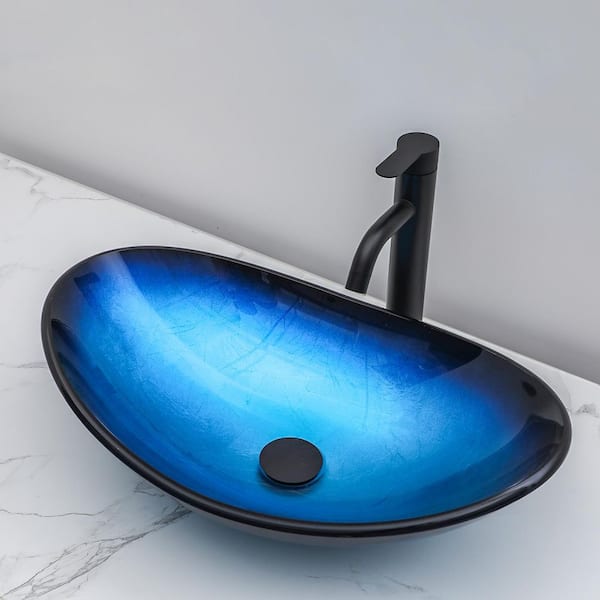 21-1/2 in. Tempered Blue Boat Shaped Bathroom Vessel Sink with Drain