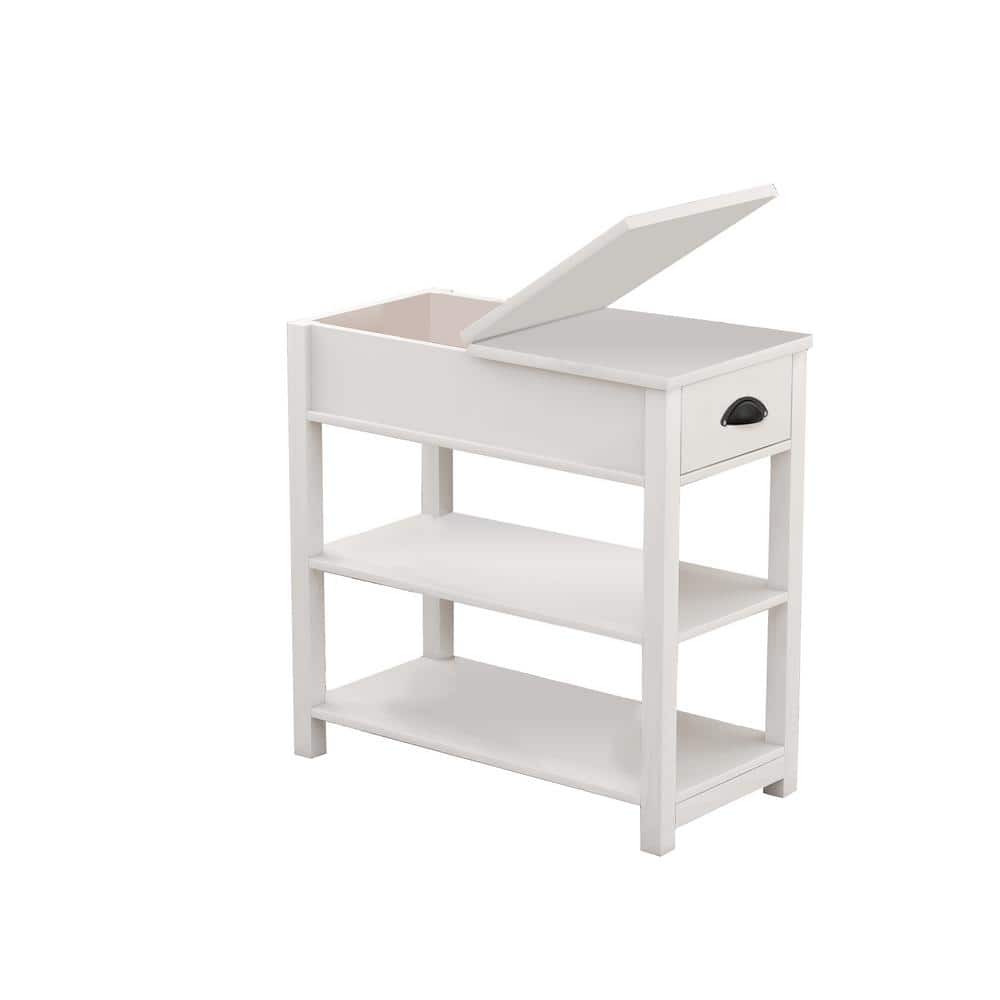 23.62 in. White Narrow Sided Wood End Table with Drawers and Bottom Partiti