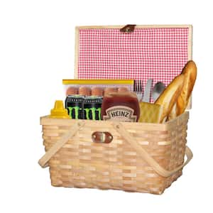 Gingham Natural Lined Woodchip Picnic Basket with Lid and Movable Handles