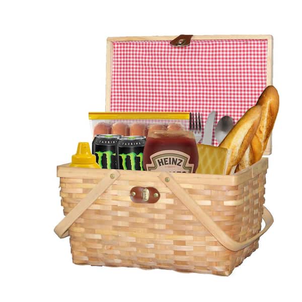 Vintiquewise Gingham Natural Lined Woodchip Picnic Basket with Lid and Movable Handles