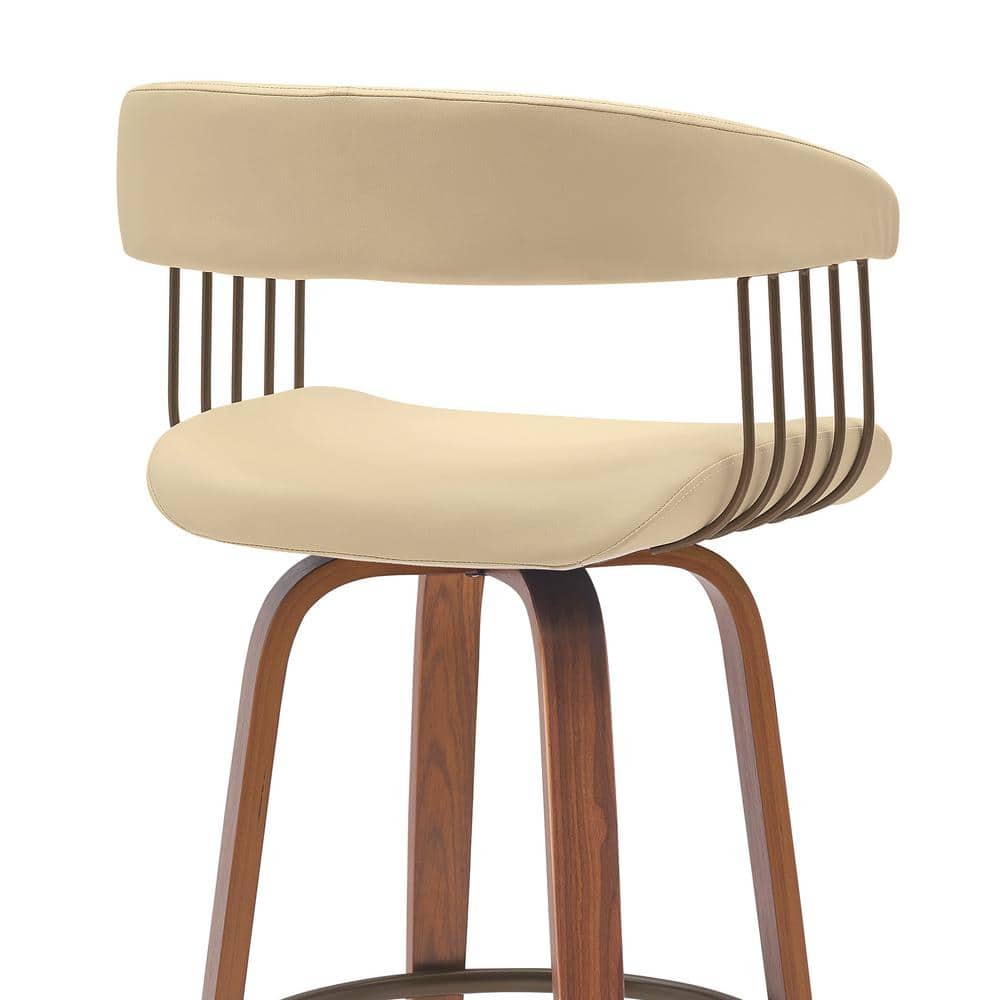 Topanga Cream Faux Leather Swivel Counter Stool with Walnut Wood and Bronze Metal