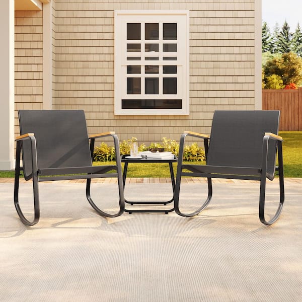 3-Piece Steel Textilene Fabric Rocking Patio Bistro Set with Glass Table, Outdoor Seating for Poolside Porch Lawn, Black