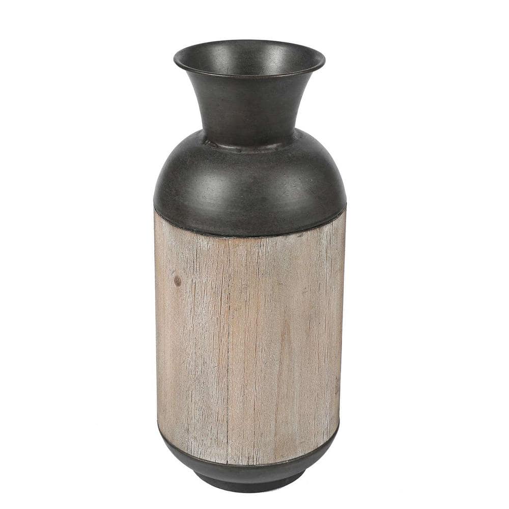 Rustic Charm Dark Brown Metal & Natural Fir Wood Vase Set