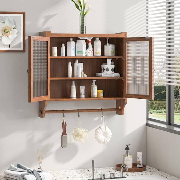 Tahanbath 24.8 in. Vintage Brown Triple-Tier Glass Door Wall Cabinet with Towel Rack for Multiple Rooms