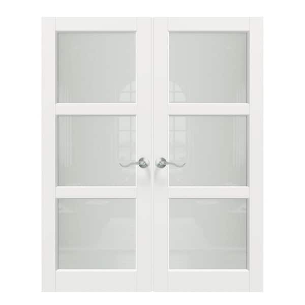 64 in. x 80 in. MDF Composite, Primed, White, 3 Lite, Frosted Glass Interior Door Slab with Silver Curved Doorknob