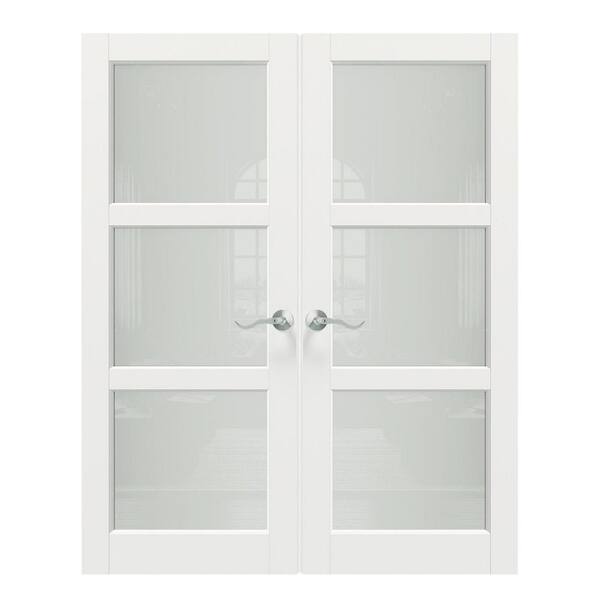 TENONER 64 in. x 80 in. MDF Composite, Primed, White, 3 Lite, Frosted Glass Interior Door Slab with Silver Curved Doorknob