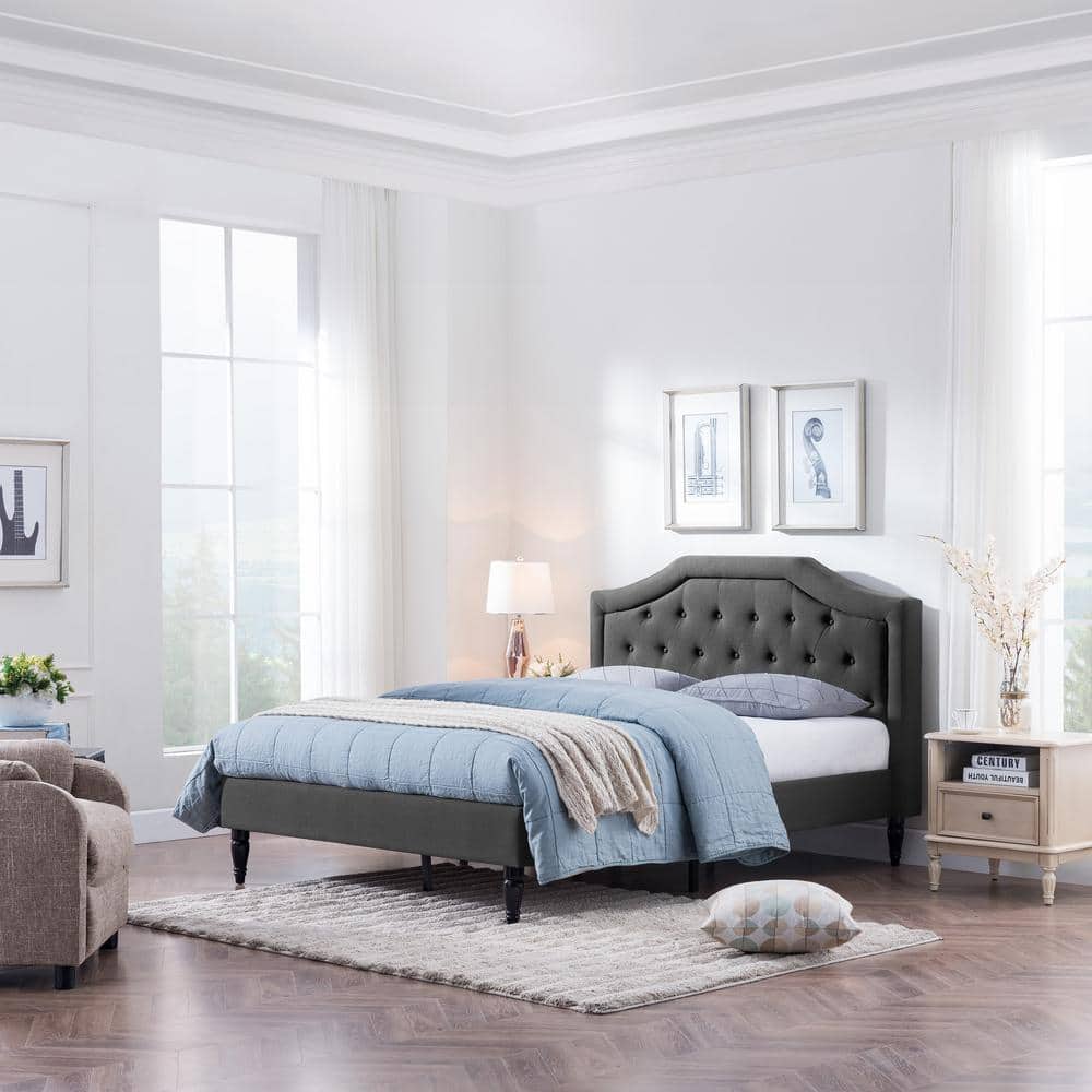 Charcoal Gray Tufted Upholstered Queen Platform Bed Frame
