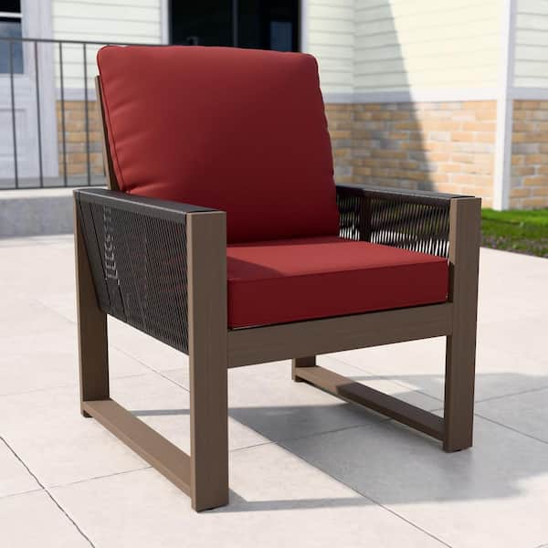 Brown Cedar Wood and Round Wicker Outdoor Lounge Chair with Red Cushions for Patio Deck Yard 1-Piece
