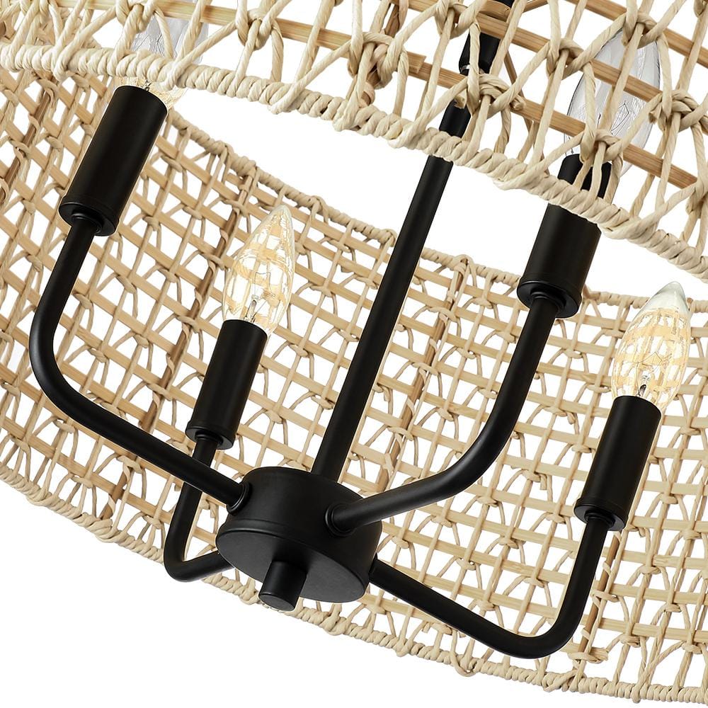 Natural Beige Rattan Drum Pendant Chandelier with Black Accents